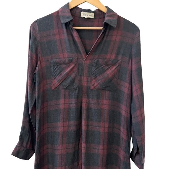 Cloth & Stone Womens Long Tunic Red Black Plaid Collared Long Sleeve Top XS - Picture 2 of 12